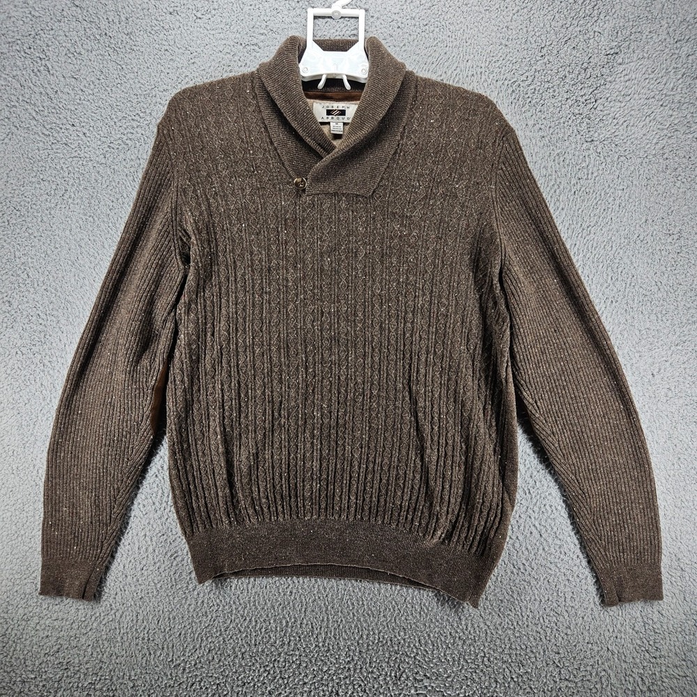 Joseph Abboud Mens Brown Wool Cable Knit Shawl Collar Sweater Elbow Patches M